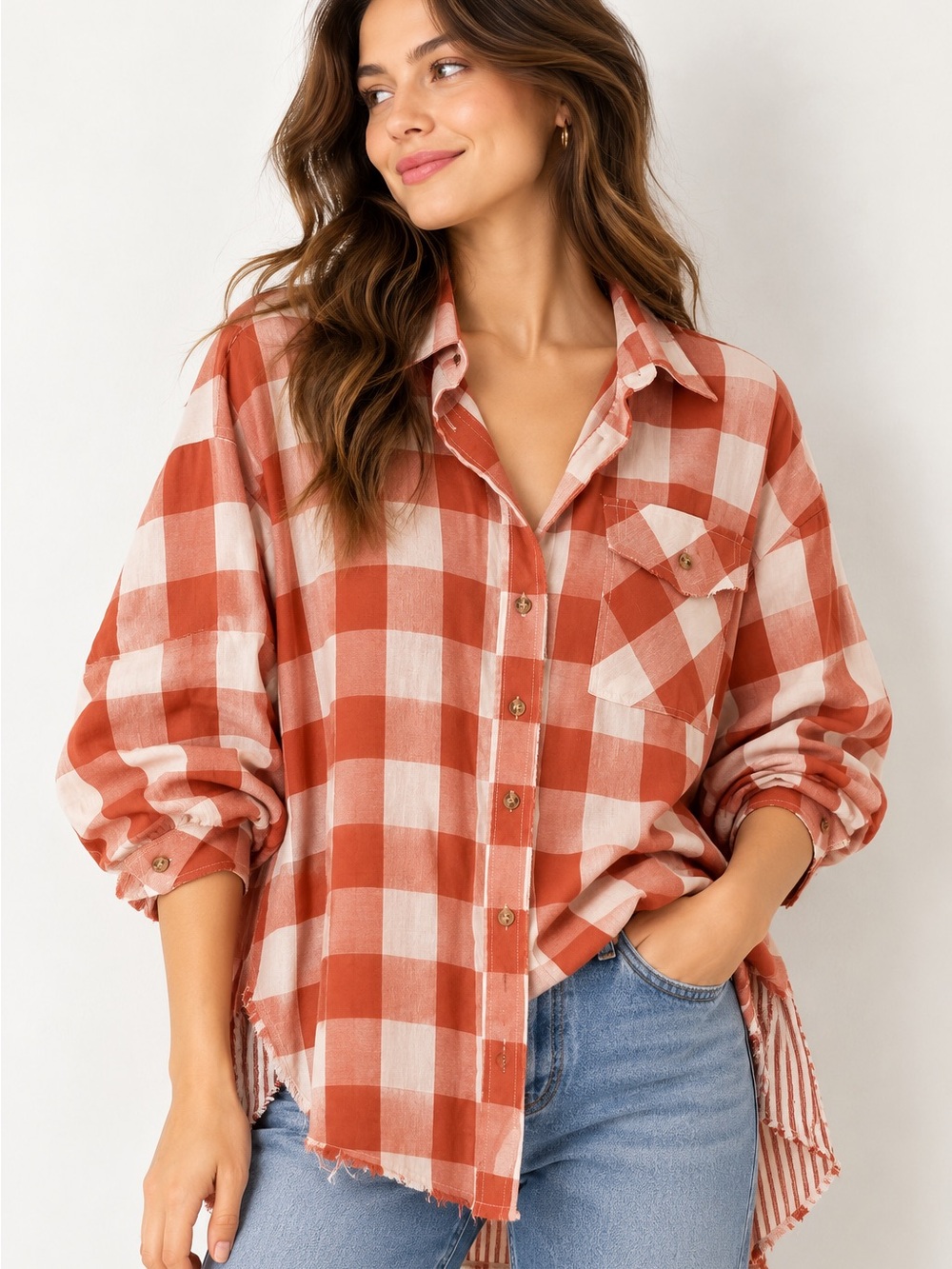 TALULAH Rust and Cream Plaid Button-Down Shirt